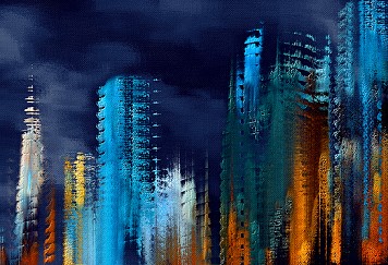 Middernacht Wolkenkrabbers | Stadstorens met een abstracte stijl
